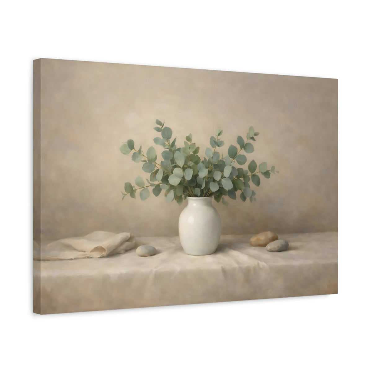 Side Mockup 3. Nature Eucalyptus Eucalyptus Green Still Life shown as stretched canvas wall art