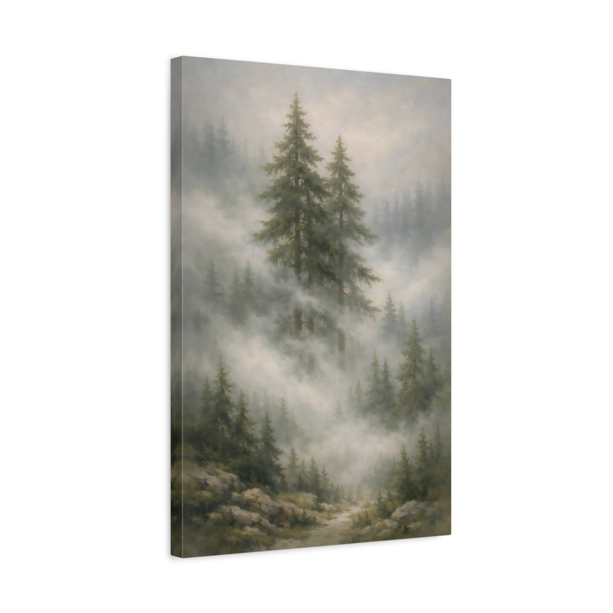 Side Mockup 3. Nature Evergreen Trees Misty Forest Landscape shown as stretched canvas wall art