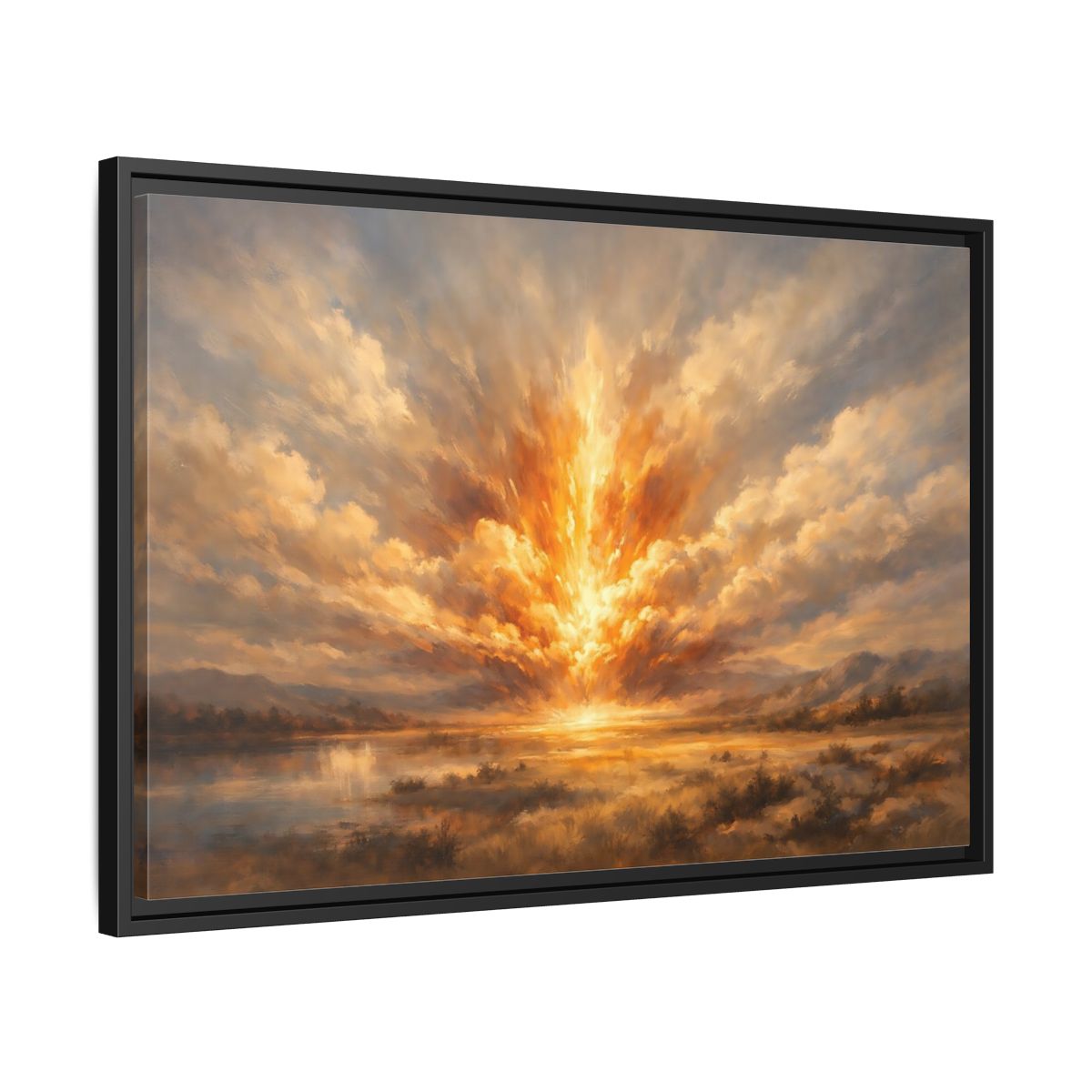 Side Mockup 14. Nature Explosive Sky Golden Landscape shown as stretched canvas wall art