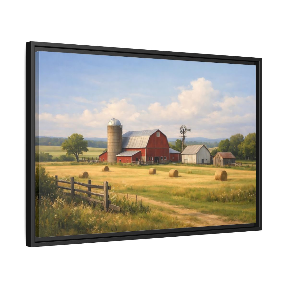 Side Mockup 14. Nature Farm Red Barn Landscape shown as stretched canvas wall art