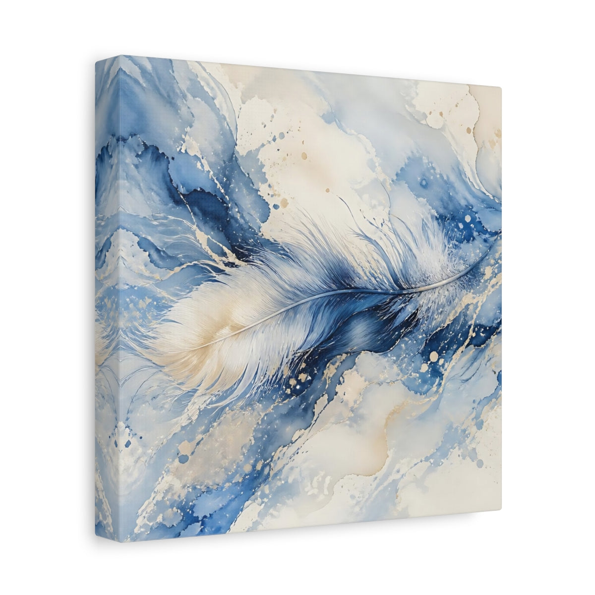 Side Mockup 9. Nature Feather Blue And Gold shown as stretched canvas wall art