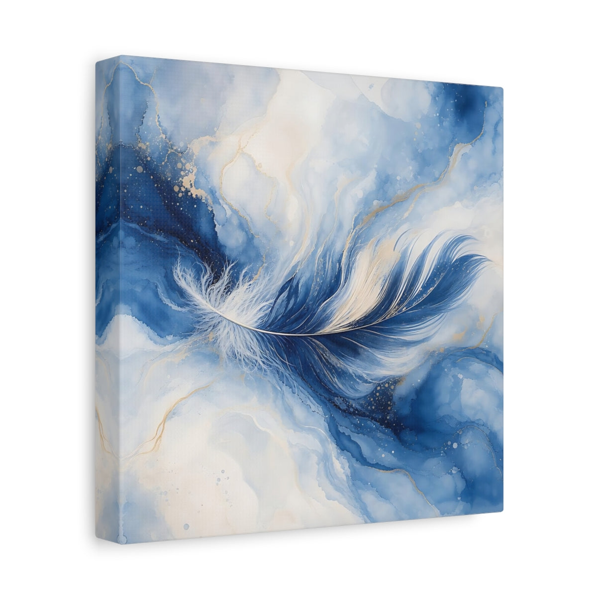 Side Mockup 9. Nature Feather Blue Feather Gold shown as stretched canvas wall art