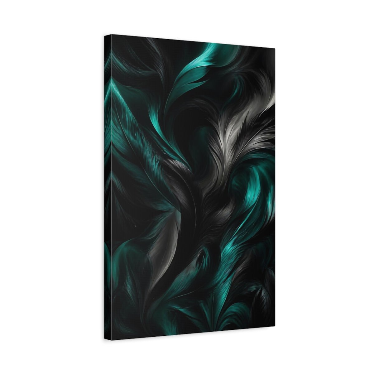 Nature Feathers Teal And Black Canvas Wall Art Print – Abstract Living Room, Above Couch - YesArtYes