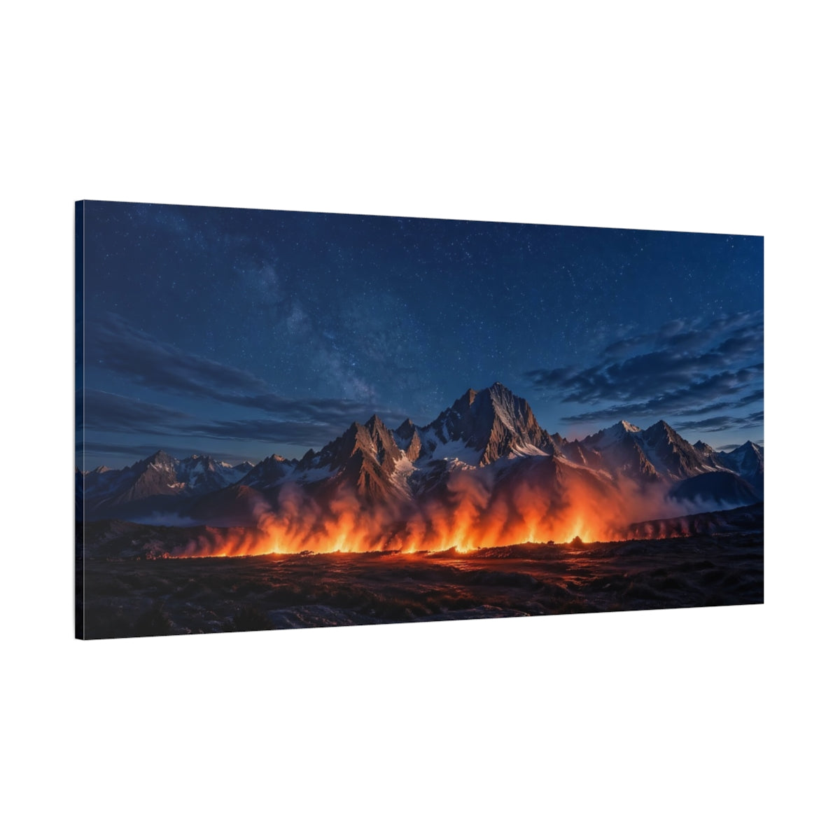 Side Mockup 2. Nature Fiery Mountains Blue And Orange Landscape shown as stretched canvas wall art