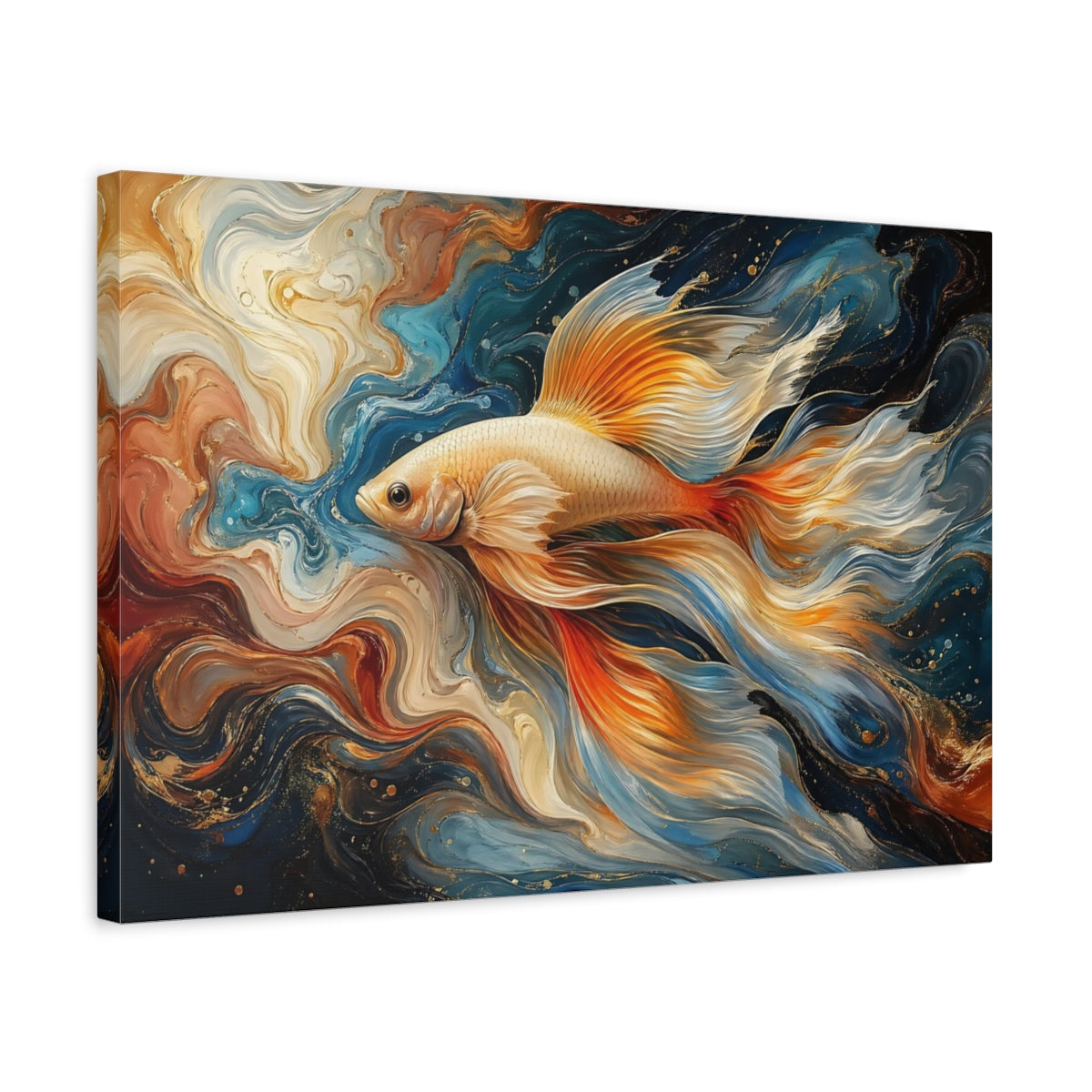 Side Mockup 3. Nature Fish Abstract Goldfish Art shown as stretched canvas wall art