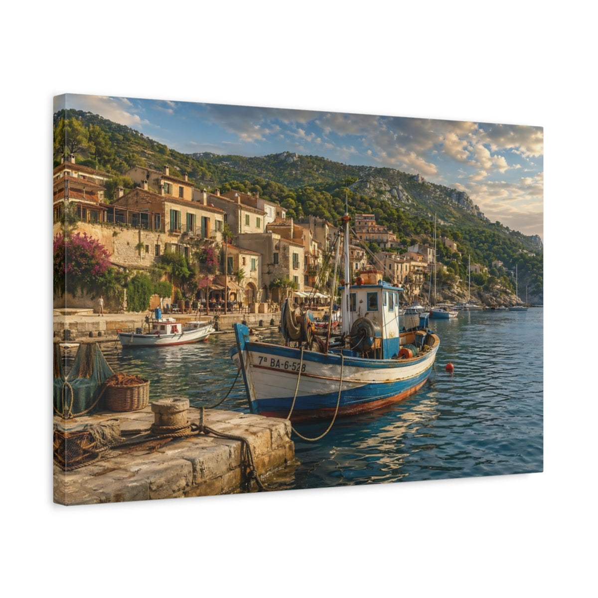 Side Mockup 3. Nature Fishing Boat Coastal Blue shown as stretched canvas wall art