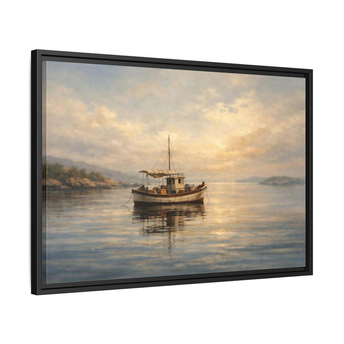 Side Mockup 14. Nature Fishing Boat Sunrise Hues shown as stretched canvas wall art