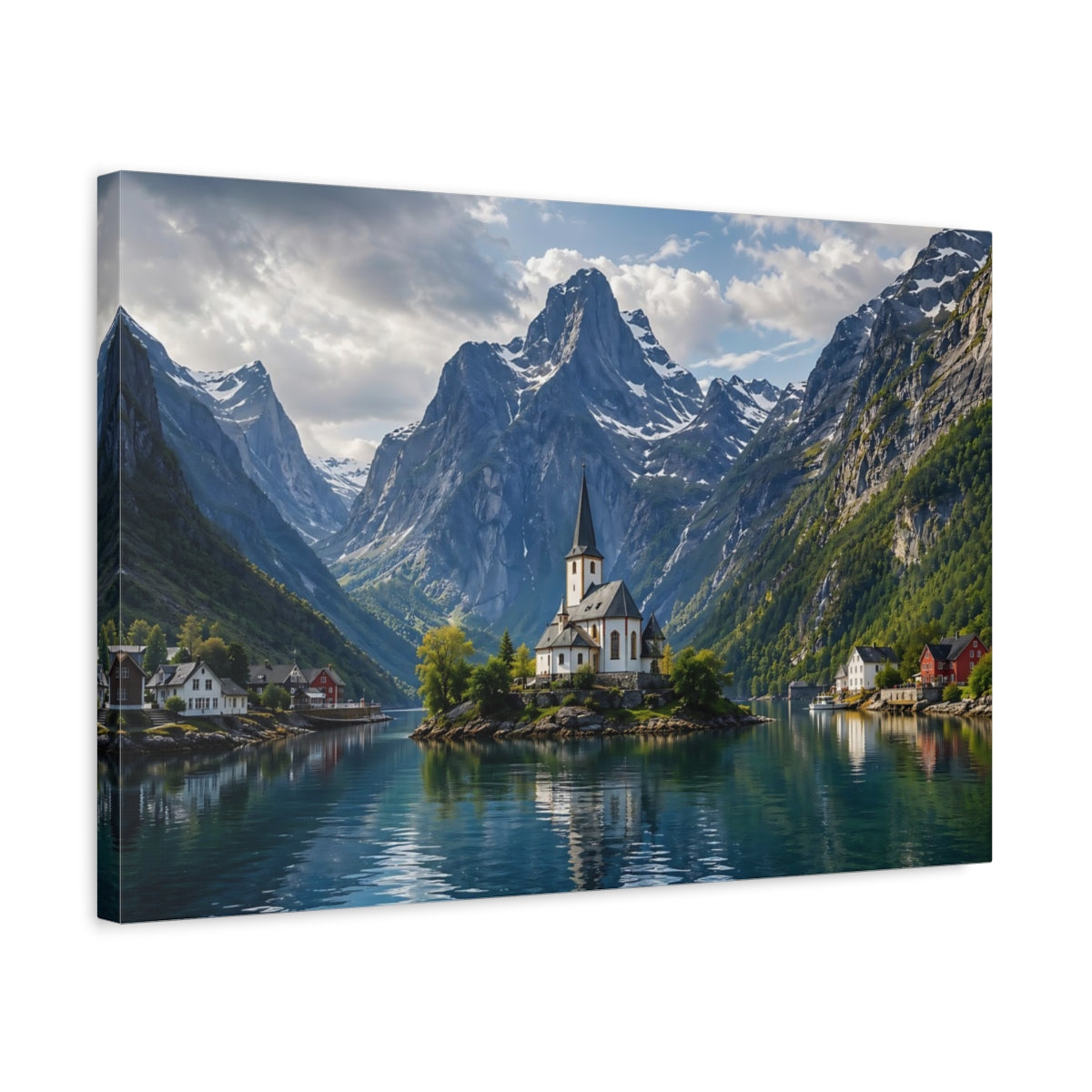 Side Mockup 3. Nature Fjord Church Mountain Fjord Blue shown as stretched canvas wall art