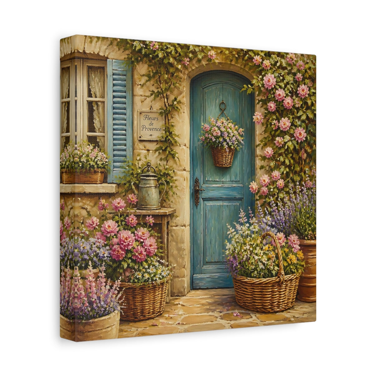 Side Mockup 9. Nature Flowered Door Blue Door Floral shown as stretched canvas wall art