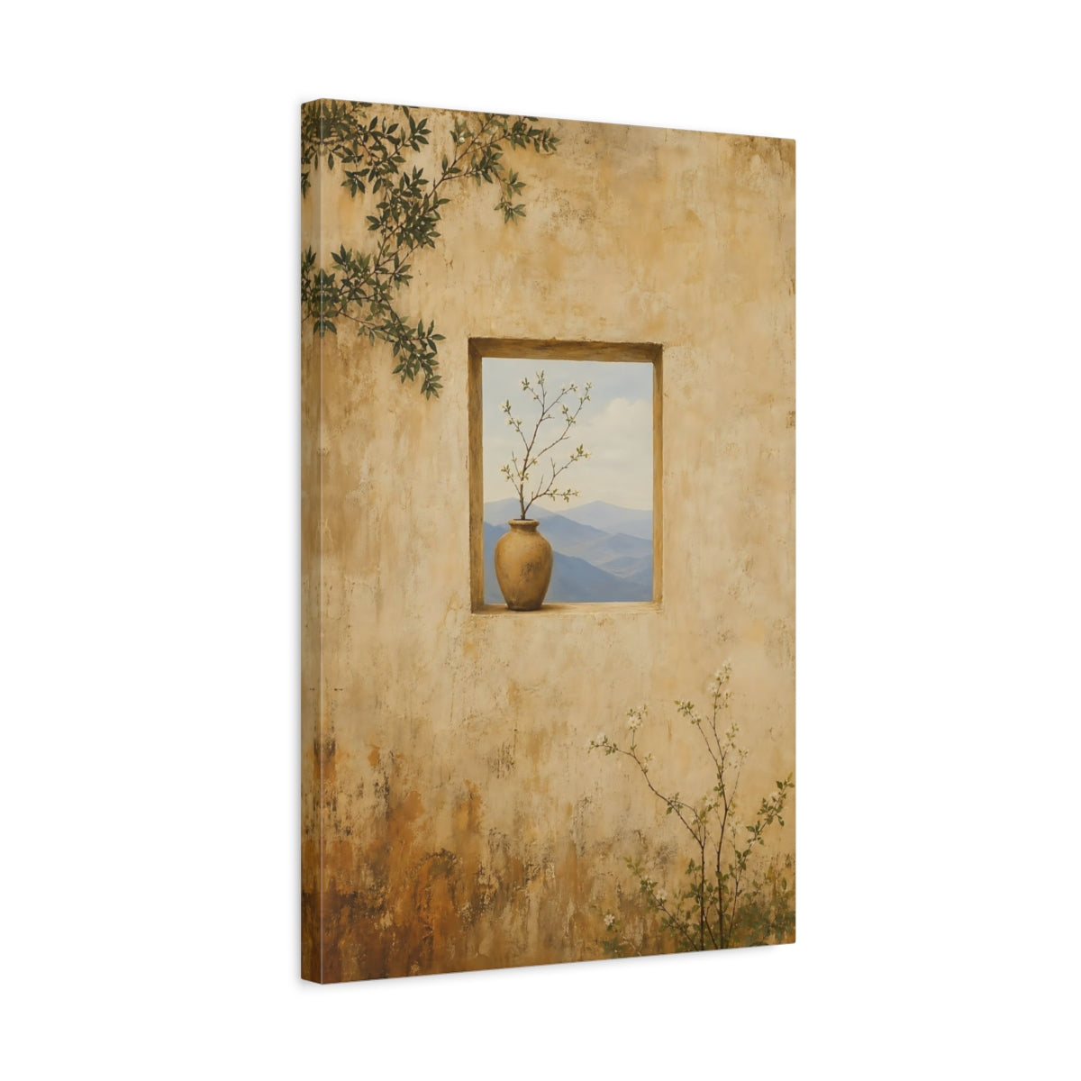 Side Mockup 3. Nature Flowering Branch Beige And Blue shown as stretched canvas wall art