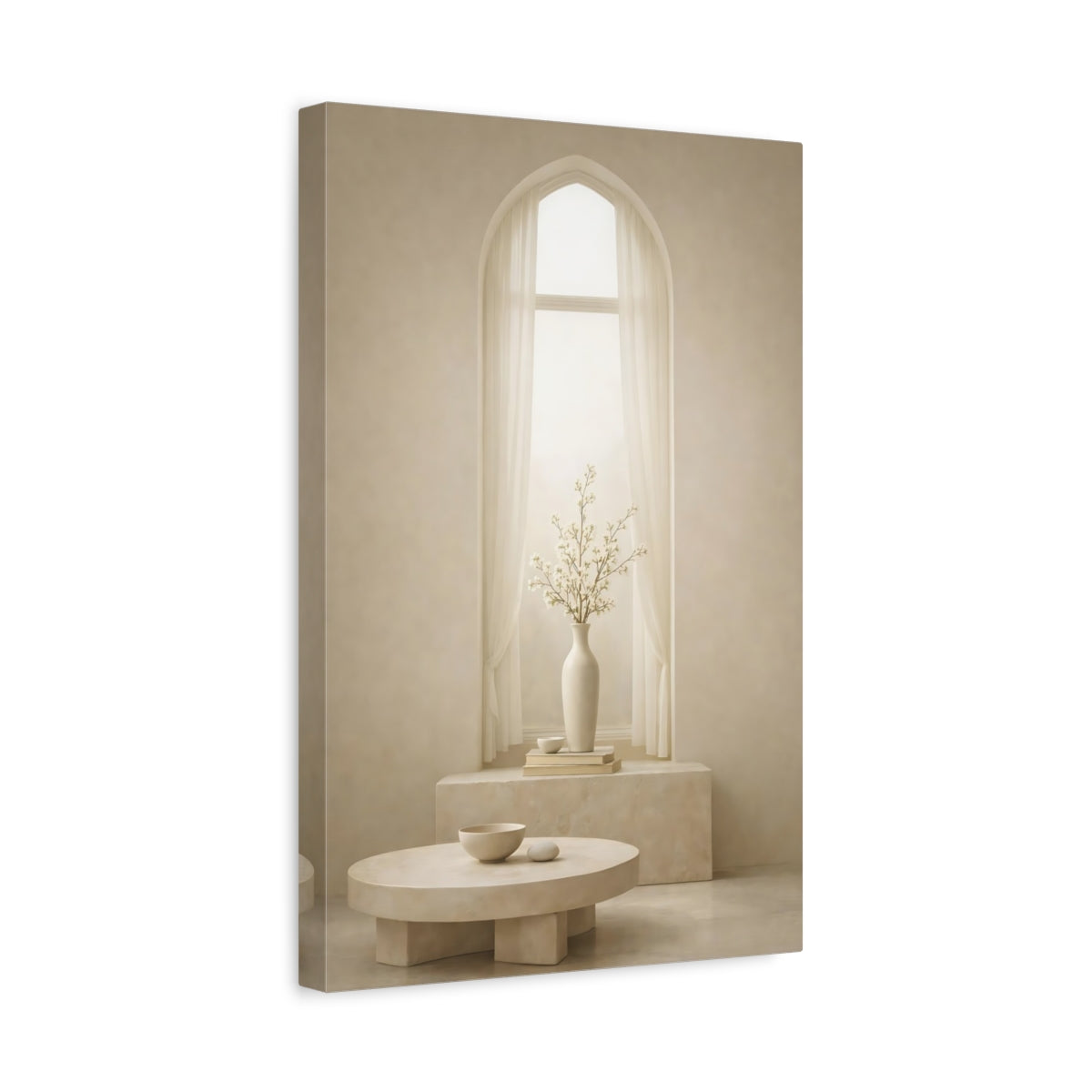 Side Mockup 4. Nature Flowering Branches Neutral Beige Decor shown as stretched canvas wall art