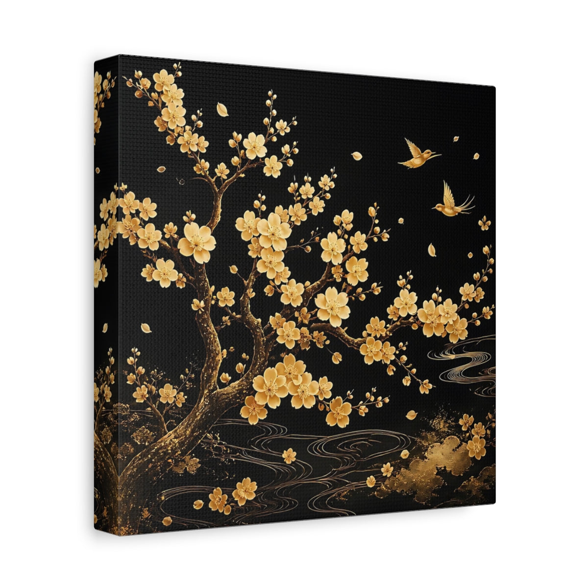 Side Mockup 9. Nature Flowering Tree Gold And Black shown as stretched canvas wall art