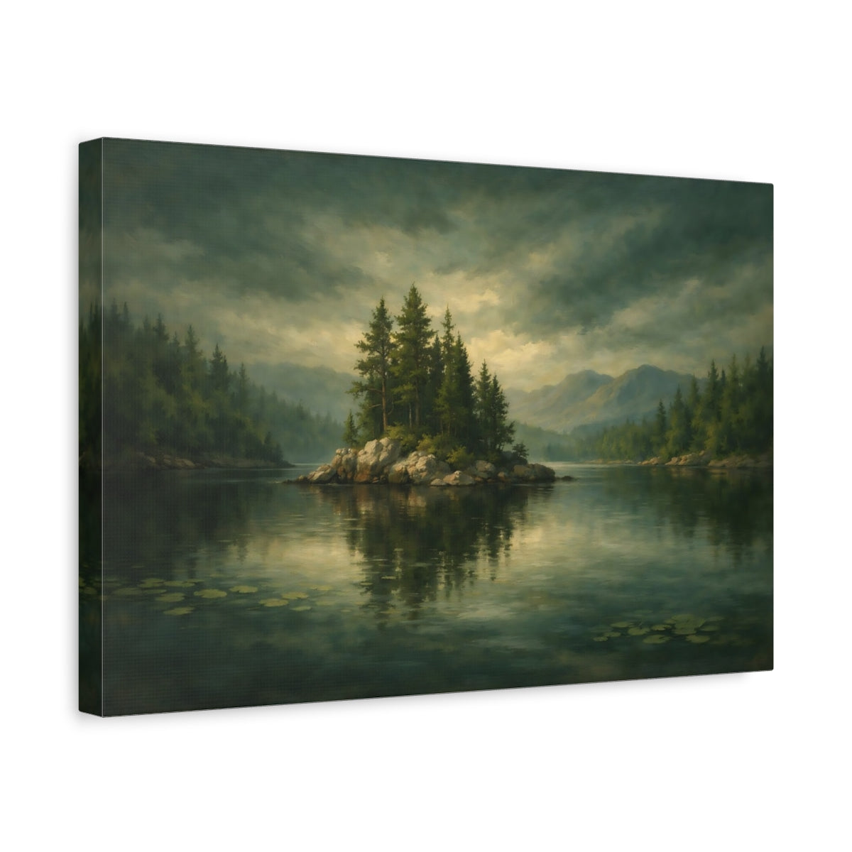 Side Mockup 4. Nature Forest Island Green Lake shown as stretched canvas wall art