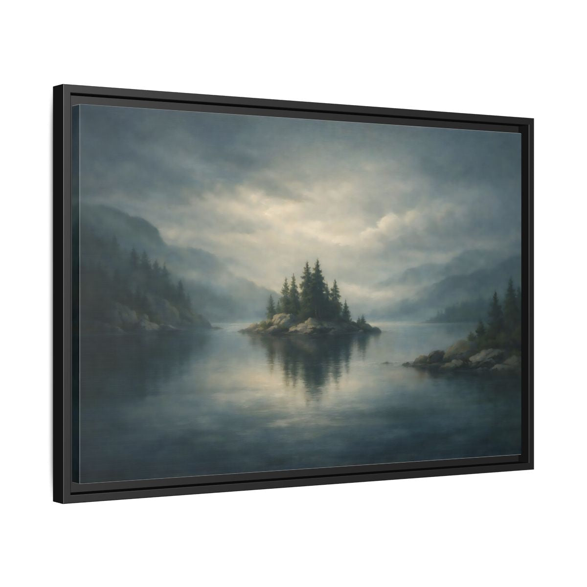 Side Mockup 14. Nature Forest Island Grey-Blue Landscape shown as stretched canvas wall art