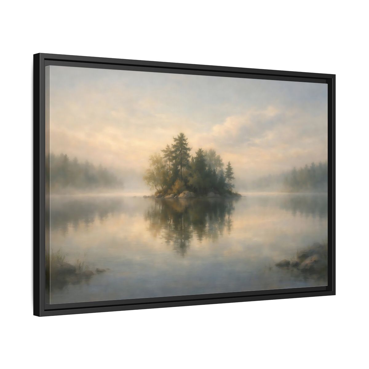Side Mockup 14. Nature Forest Island Misty Lake Island shown as stretched canvas wall art
