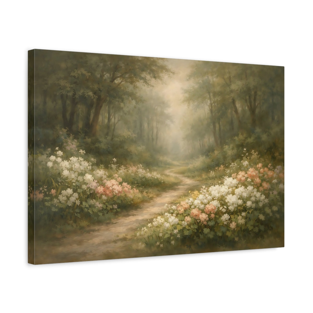 Side Mockup 3. Nature Forest Path Green And Pink Woodland shown as stretched canvas wall art