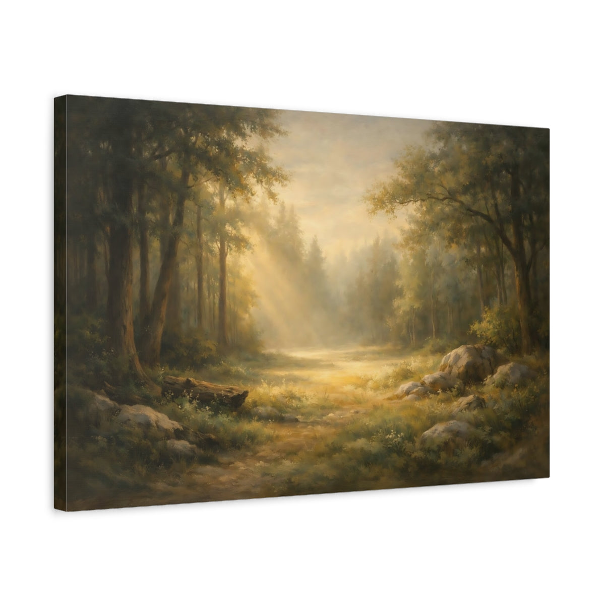 Side Mockup 3. Nature Forest Path Misty Forest Path shown as stretched canvas wall art