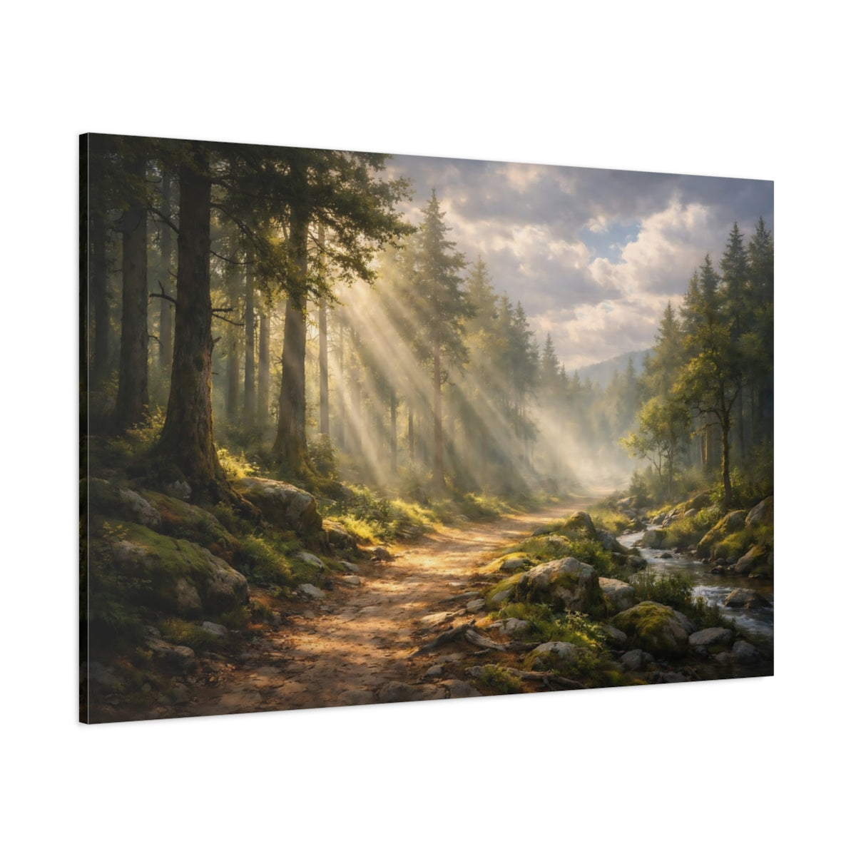 Side Mockup 1. Nature Forest Path Sunlit Forest shown as stretched canvas wall art