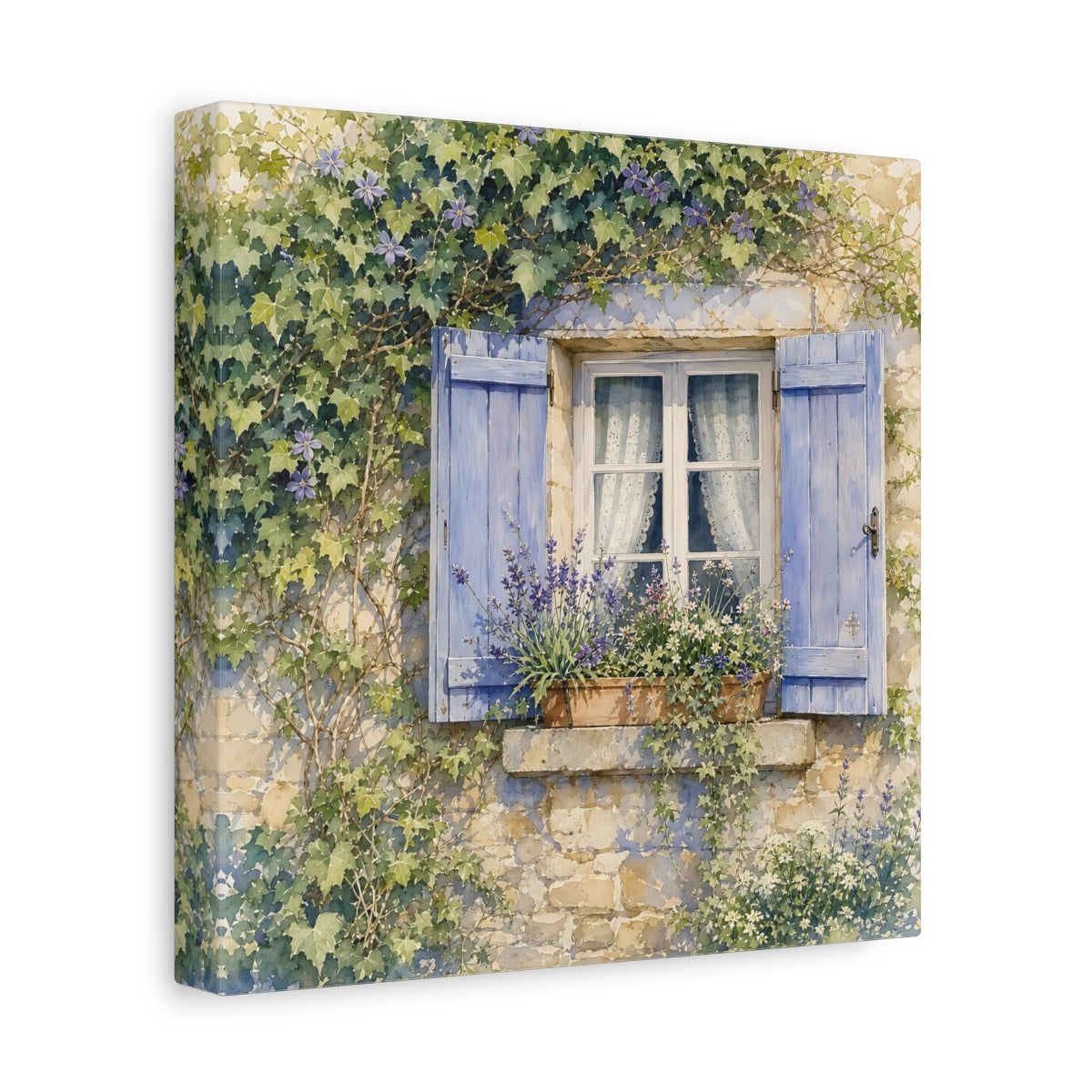 Side Mockup 9. Nature French Window Blue Window Lavender shown as stretched canvas wall art