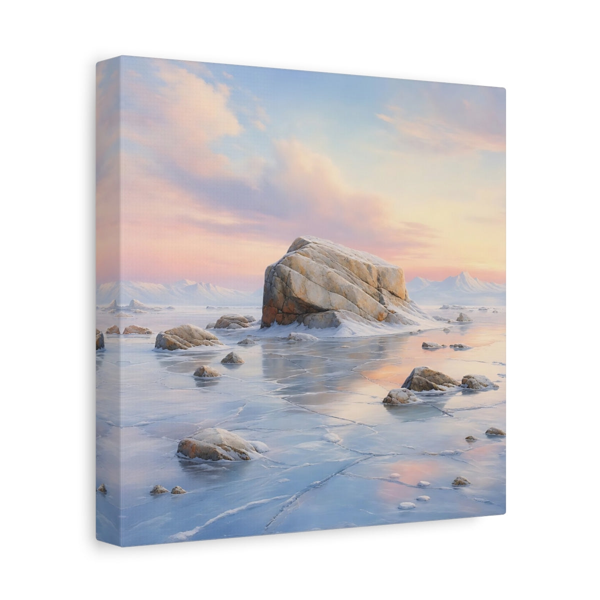 Side Mockup 9. Nature Frozen Lake Pastel Frozen Landscape shown as stretched canvas wall art