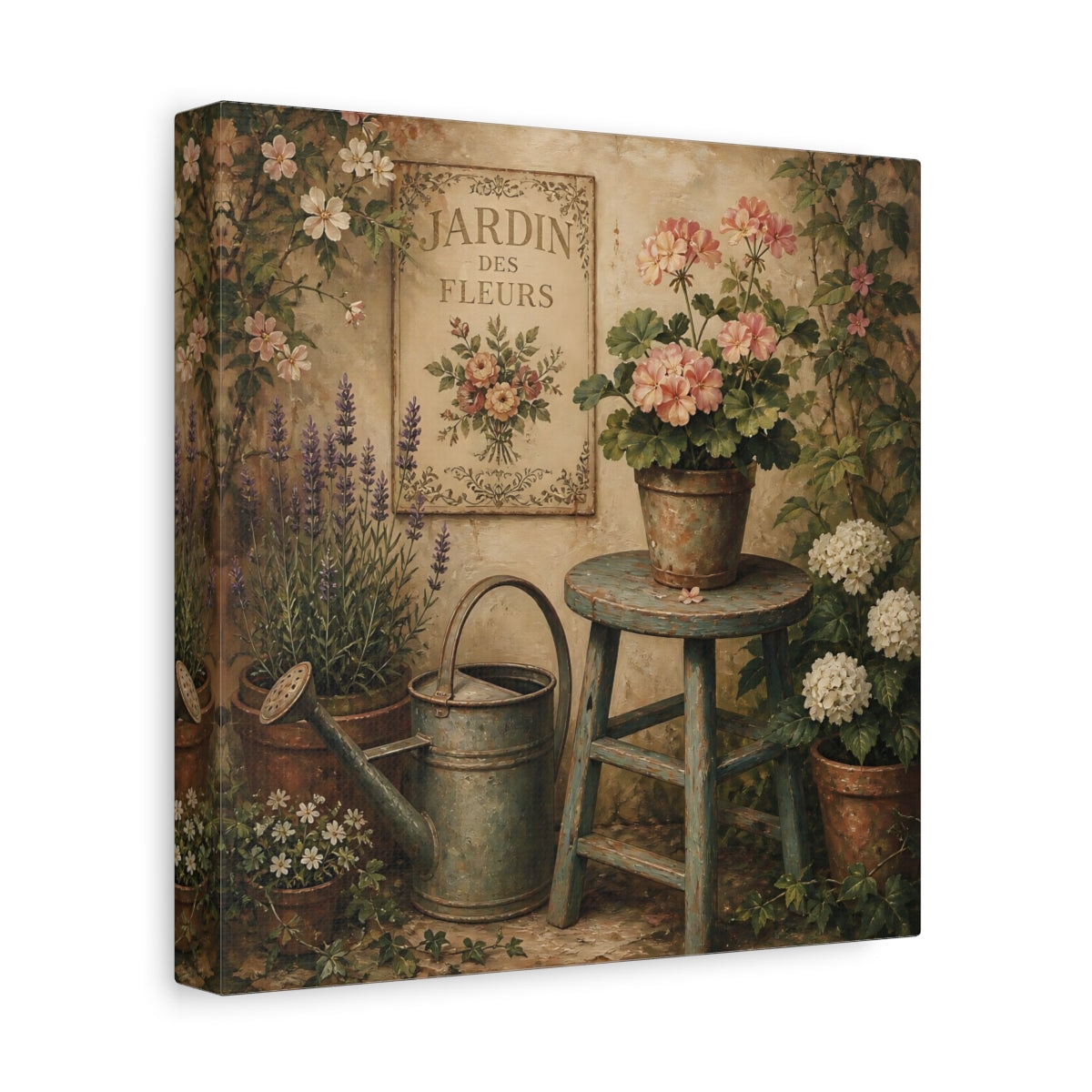 Side Mockup 9. Nature Garden Flowers Vintage Garden shown as stretched canvas wall art