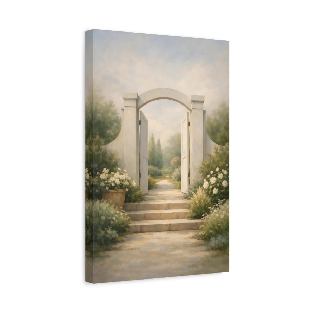 Side Mockup 4. Nature Garden Gate Serene Garden Path shown as stretched canvas wall art