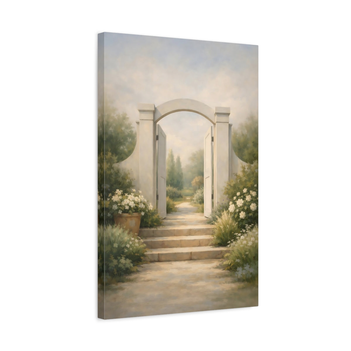 Side Mockup 3. Nature Garden Gate Serene Garden Path shown as stretched canvas wall art