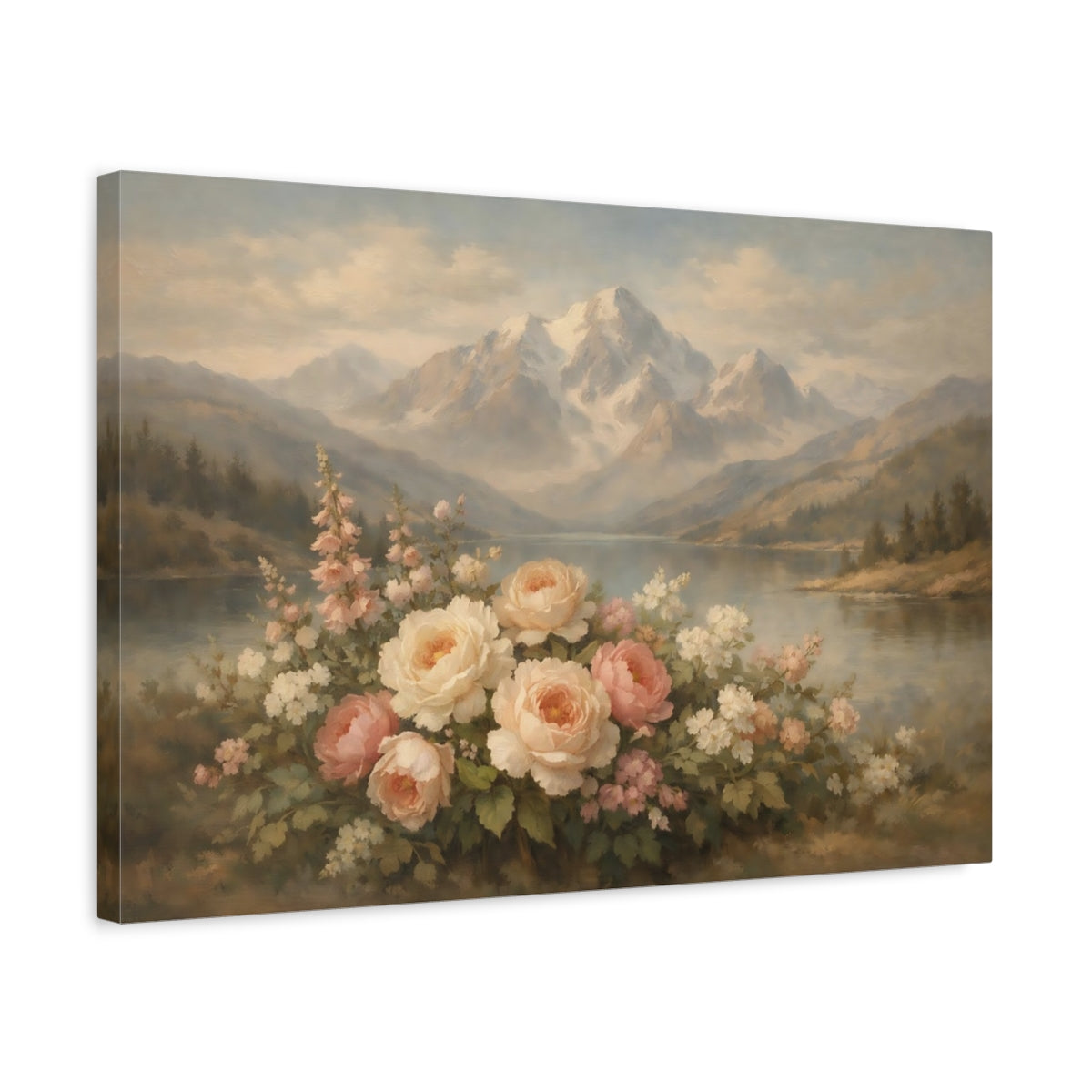 Side Mockup 3. Nature Garden Roses Pastel Mountain Floral shown as stretched canvas wall art