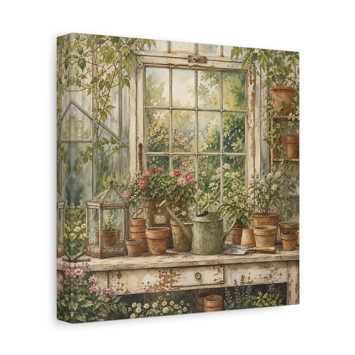 Side Mockup 9. Nature Garden Window Greenhouse Garden shown as stretched canvas wall art