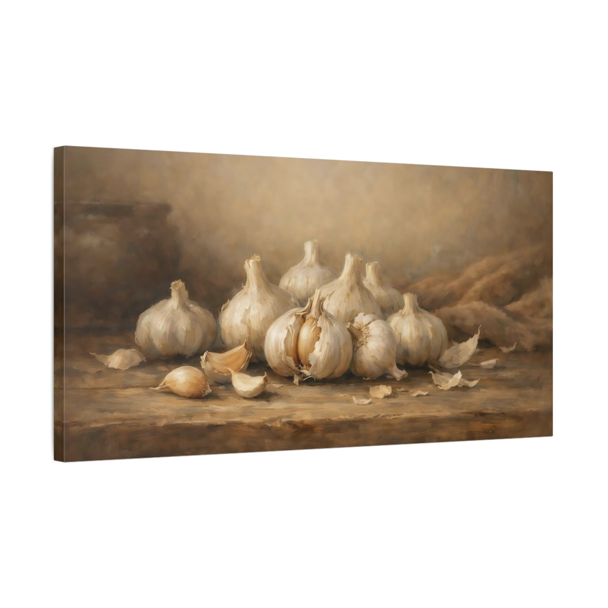 Side Mockup 2. Nature Garlic Bulbs Brown And White shown as stretched canvas wall art