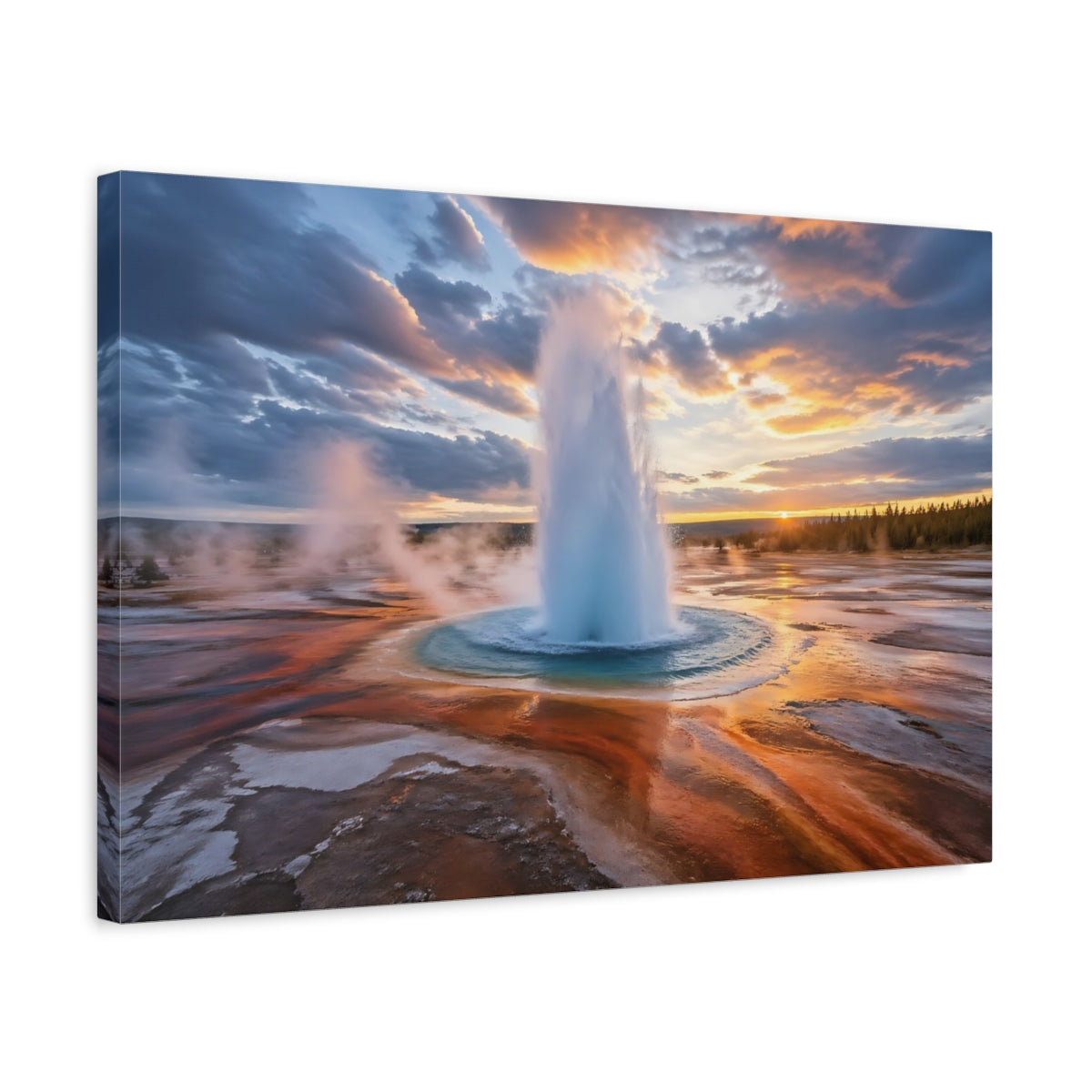 Side Mockup 3. Nature Geyser Eruption Orange Blue Geyser shown as stretched canvas wall art