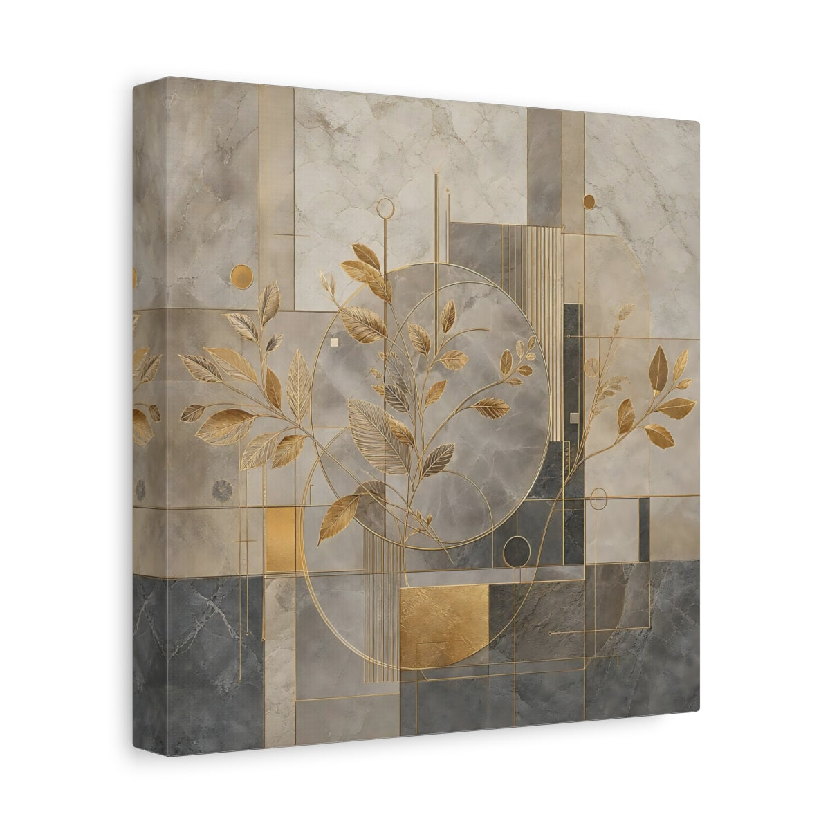 Side Mockup 9. Nature Golden Leaves Gold And Grey shown as stretched canvas wall art