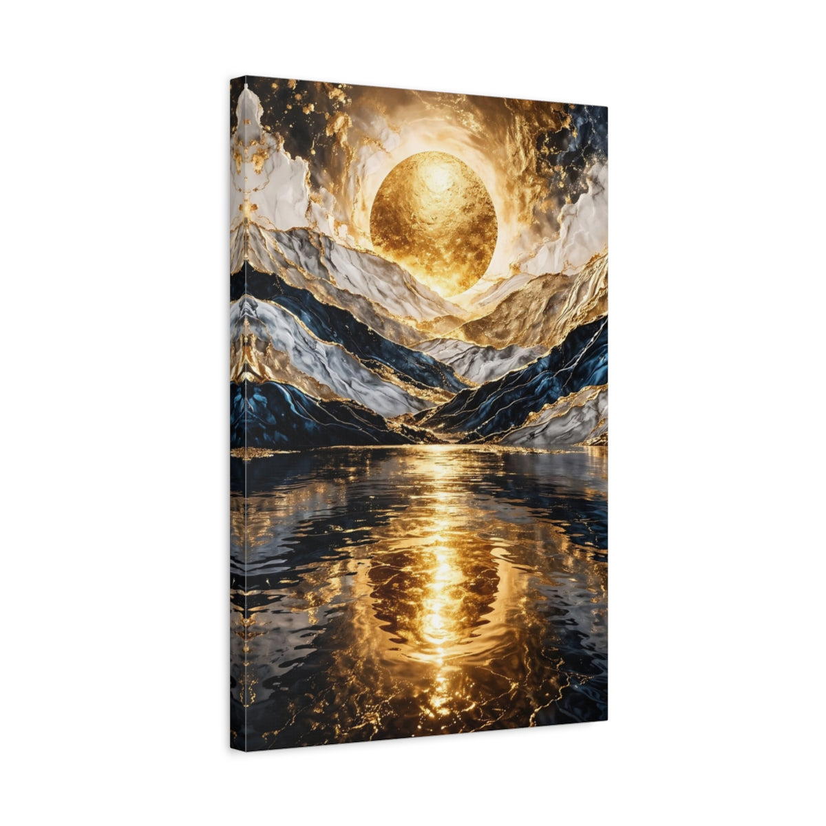 Side Mockup 3. Nature Golden Orb Gold And Blue shown as stretched canvas wall art