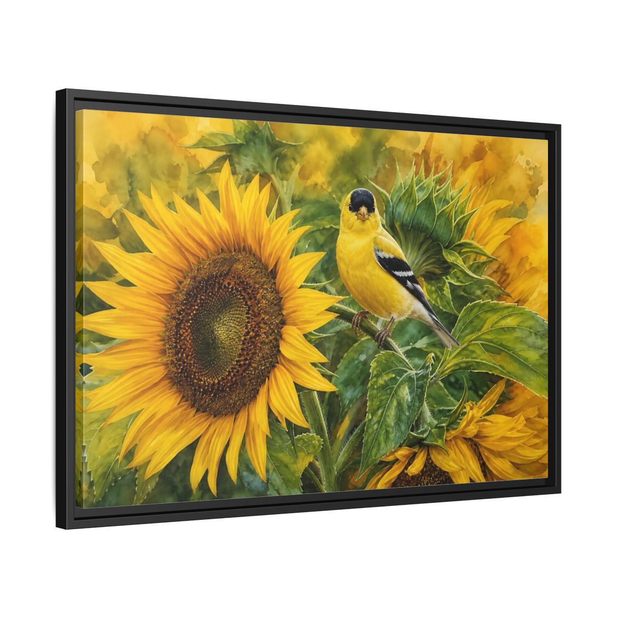 Side Mockup 14. Nature Goldfinch Yellow And Green shown as stretched canvas wall art