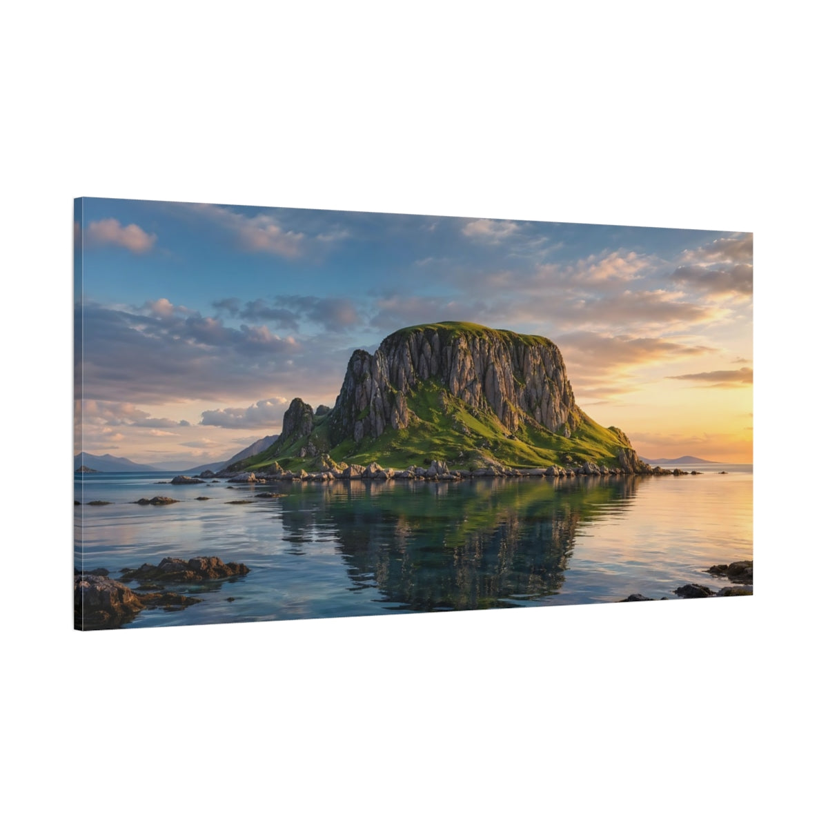 Side Mockup 2. Nature Green Island Green Blue Landscape shown as stretched canvas wall art