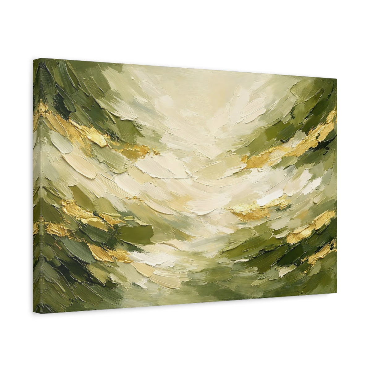Side Mockup 3. Nature Green Landscape Green Gold Abstract shown as stretched canvas wall art