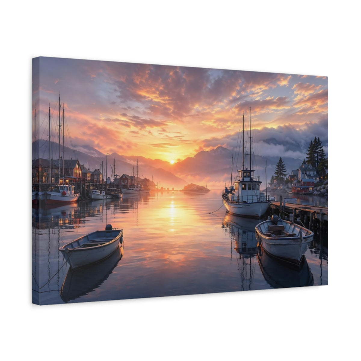 Side Mockup 3. Nature Harbor Sunset Orange Sunset Harbor shown as stretched canvas wall art