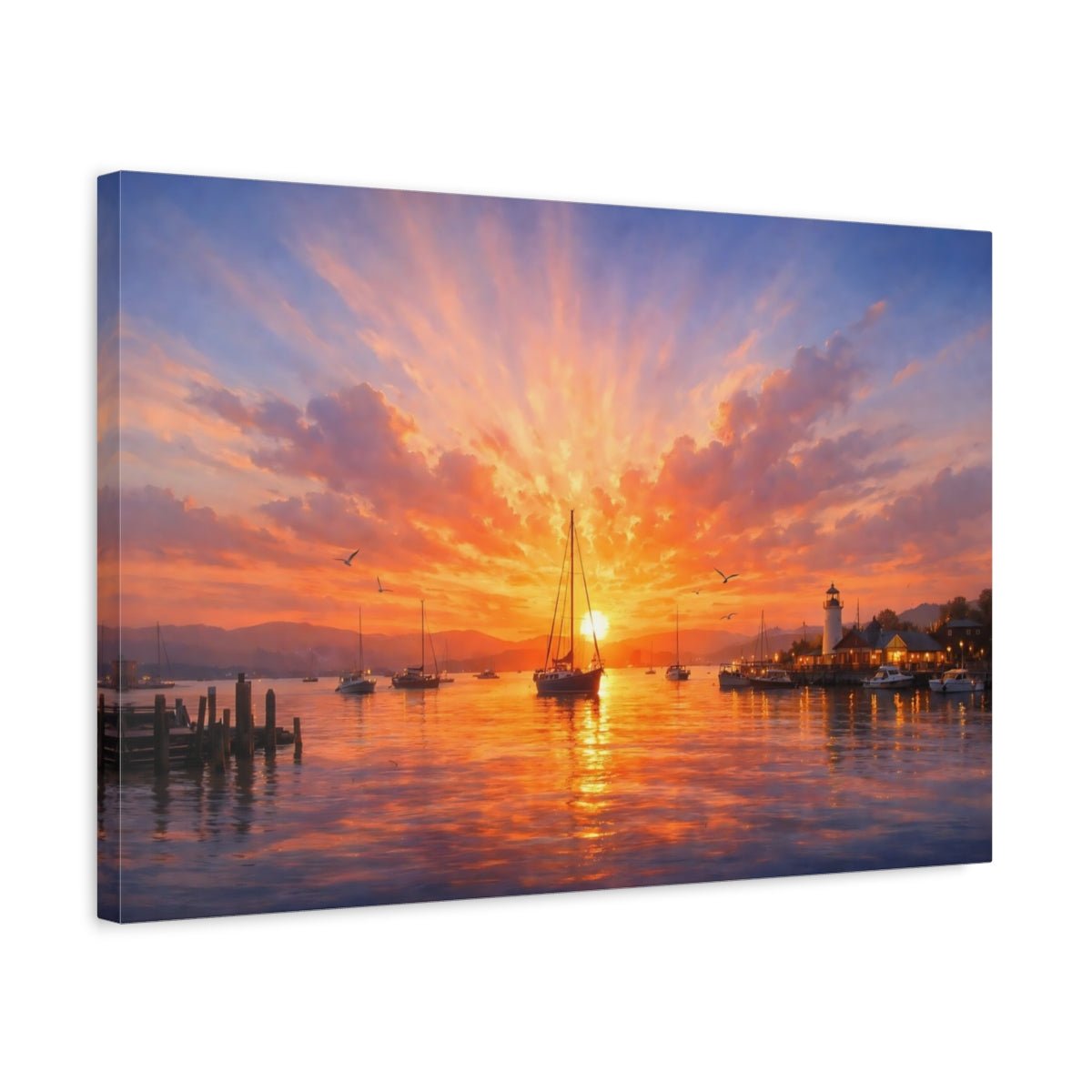 Nature Harbor Sunset Orange Seascape - Canvas Wall Art Print - YesArtYes