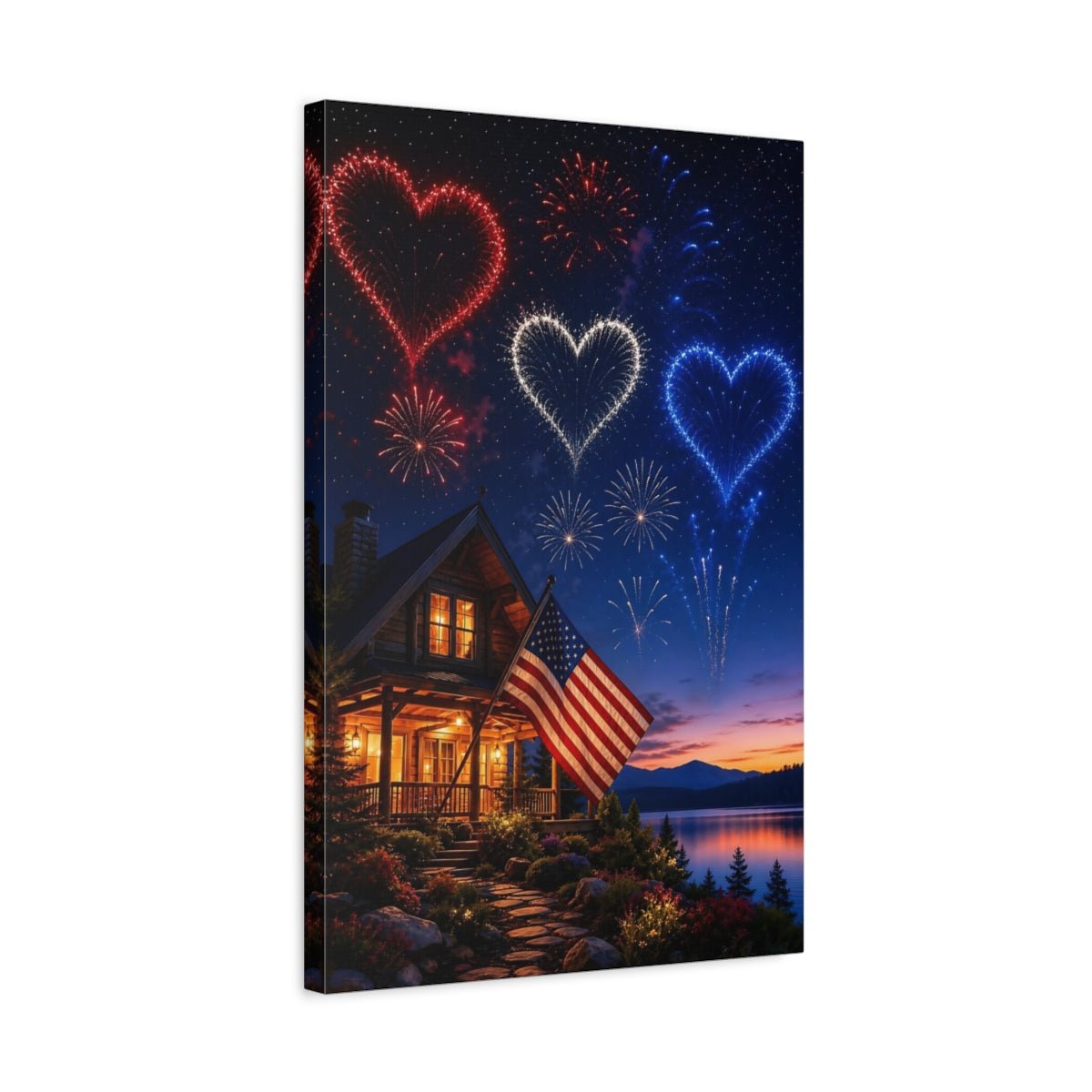 Nature Heart Fireworks Patriotic Celebration Canvas Print – Realistic Living Room, Above Console Table - YesArtYes