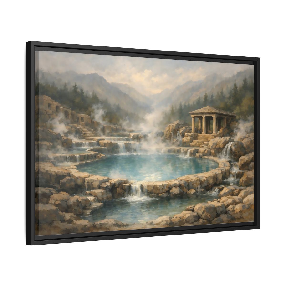 Side Mockup 14. Nature Hot Springs Blue And Brown Landscape shown as stretched canvas wall art