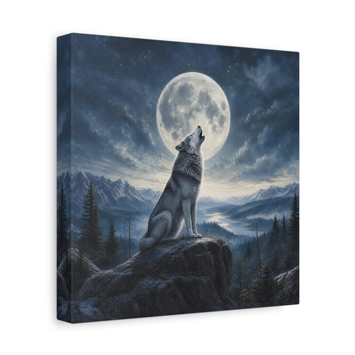 Side Mockup 9. Nature Howling Wolf Wolf And Moon shown as stretched canvas wall art