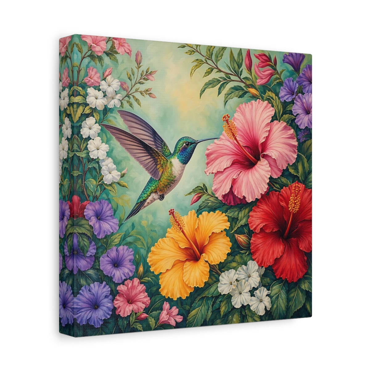Side Mockup 9. Nature Hummingbird Colorful Hummingbird shown as stretched canvas wall art