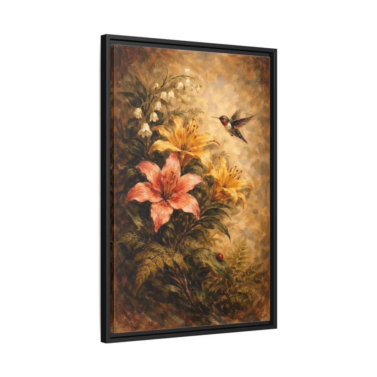 Nature Hummingbird Lilies Brown - Framed Canvas Wall Art Print - YesArtYes