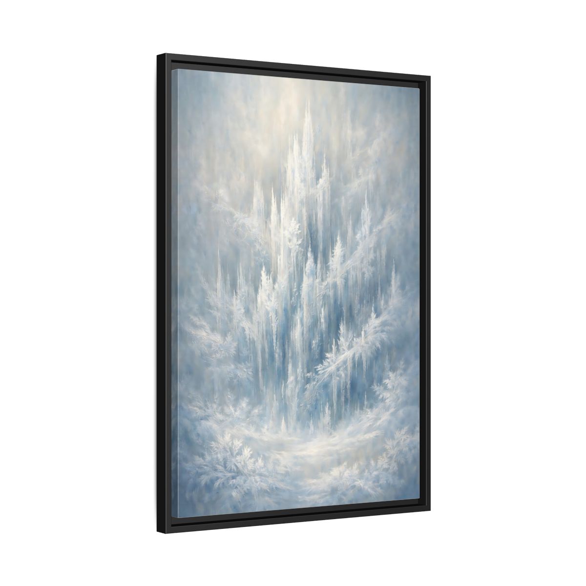 Side Mockup 14. Nature Ice Castle Blue And White shown as stretched canvas wall art