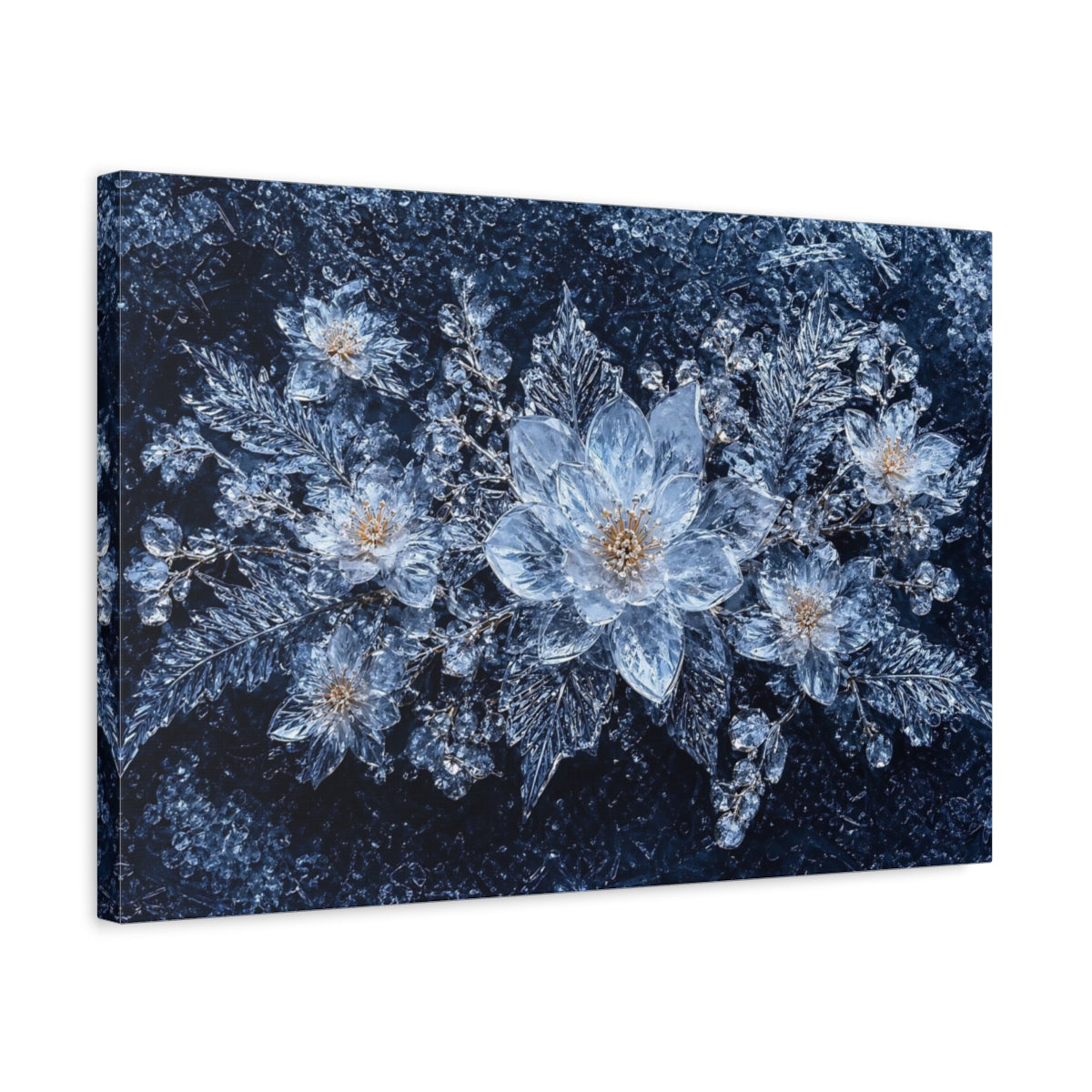 Side Mockup 3. Nature Ice Flowers Blue And Silver shown as stretched canvas wall art