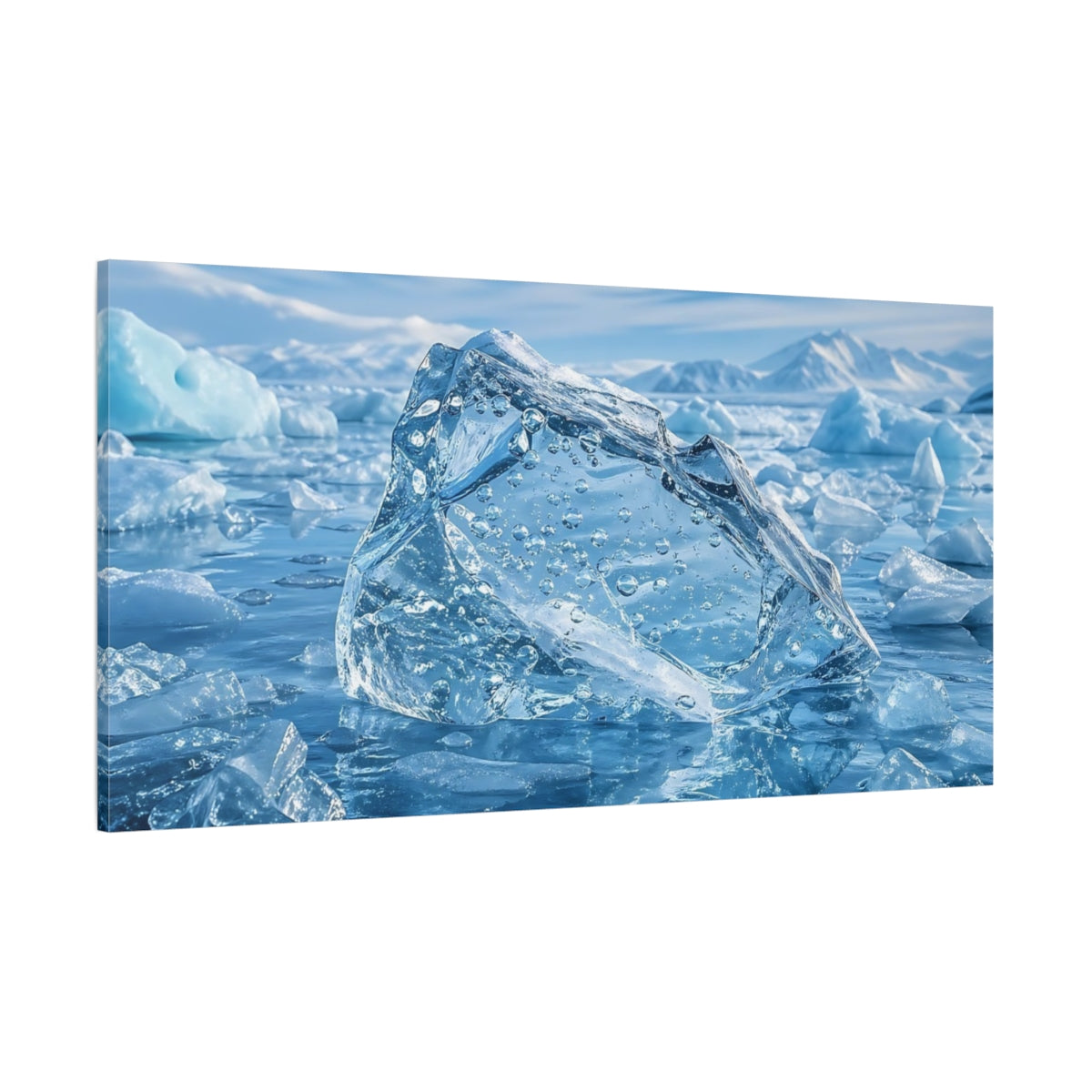 Side Mockup 2. Nature Iceberg Blue Iceberg shown as stretched canvas wall art