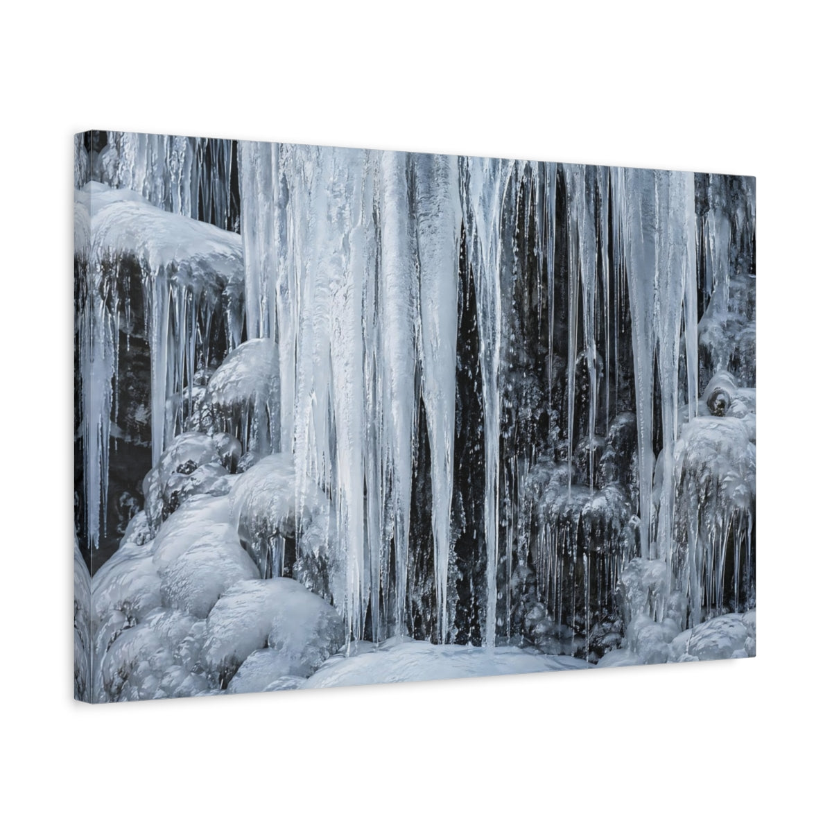 Side Mockup 3. Nature Icicles Blue And Grey shown as stretched canvas wall art