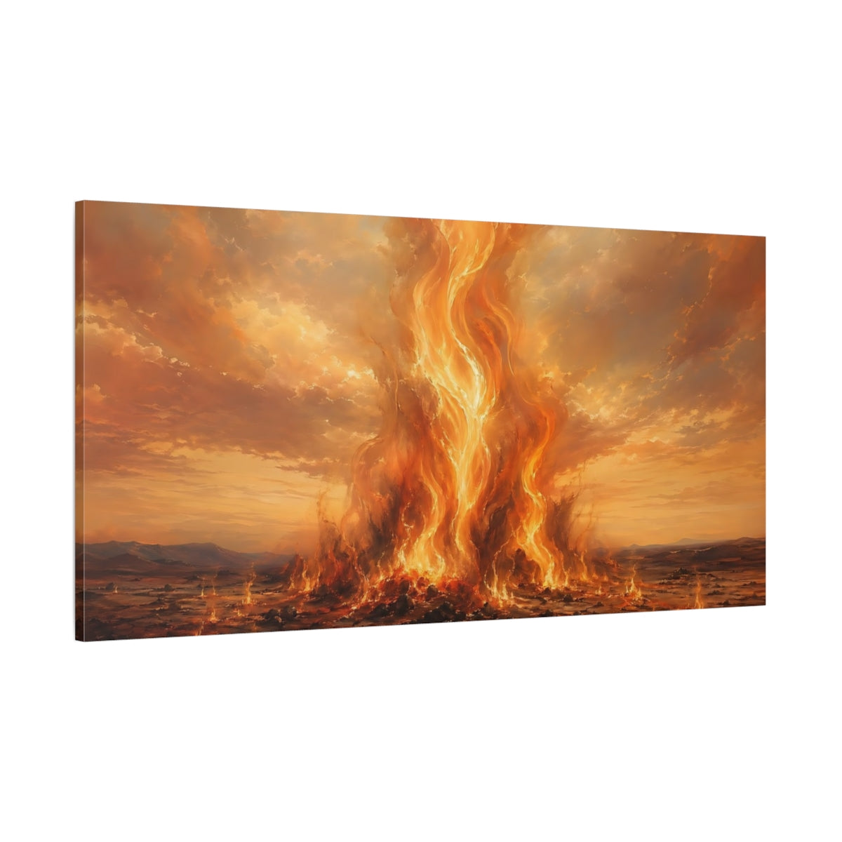 Side Mockup 2. Nature Inferno Orange And Red shown as stretched canvas wall art
