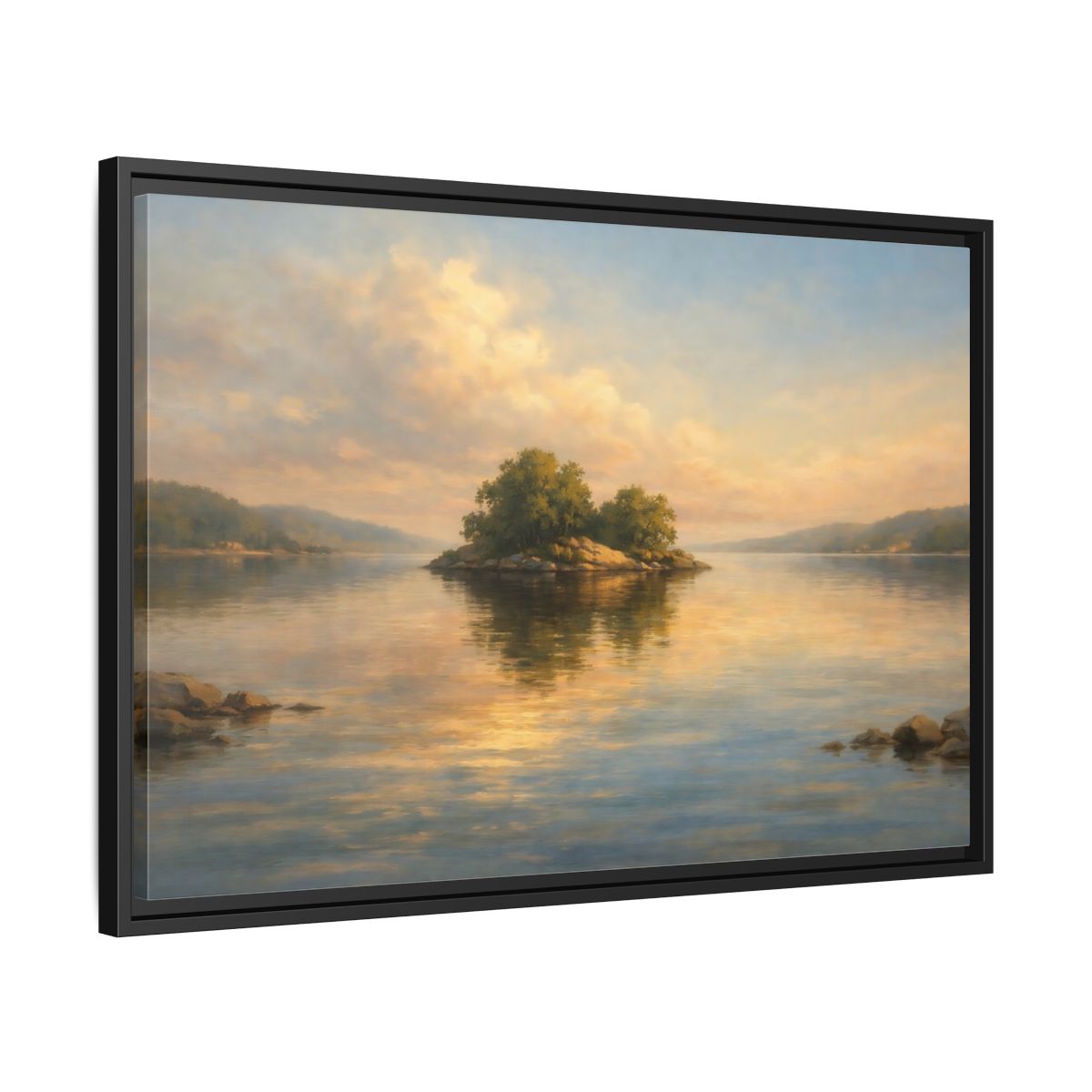Side Mockup 14. Nature Island Golden Lake Island shown as stretched canvas wall art