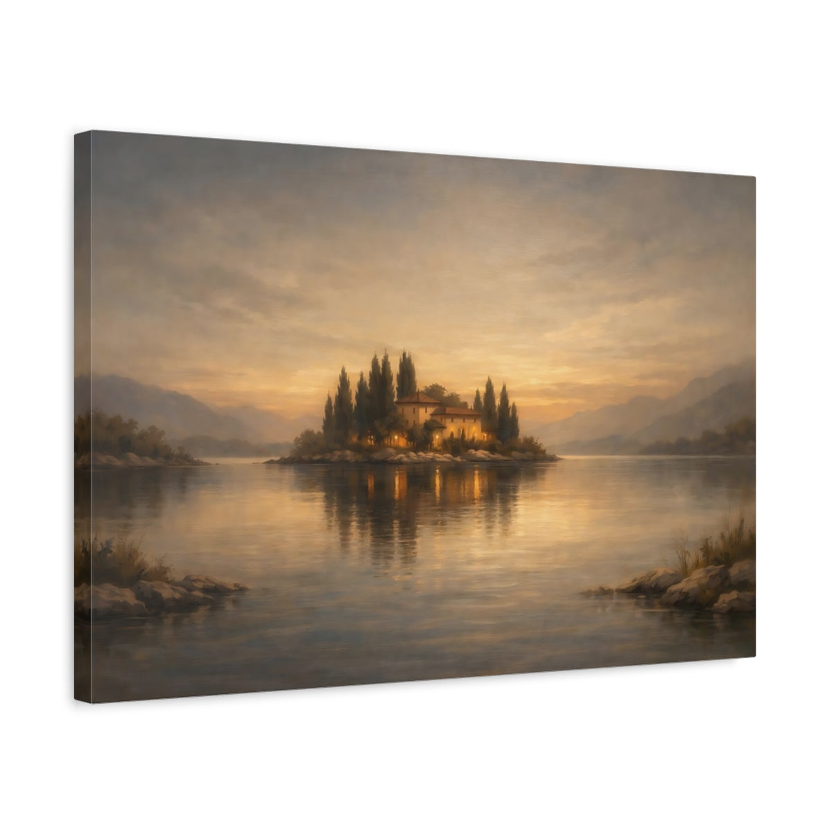 Side Mockup 3. Nature Island House Golden Lake shown as stretched canvas wall art